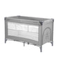 Baby cot with 2 levels, gray frame and white mesh sides, low side panel