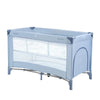 Baby cot with 2 levels, blue frame and white mesh sides, zip-style front opening