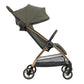 Olive green pushchair stroller with canopy, brown frame, and four-wheel base
