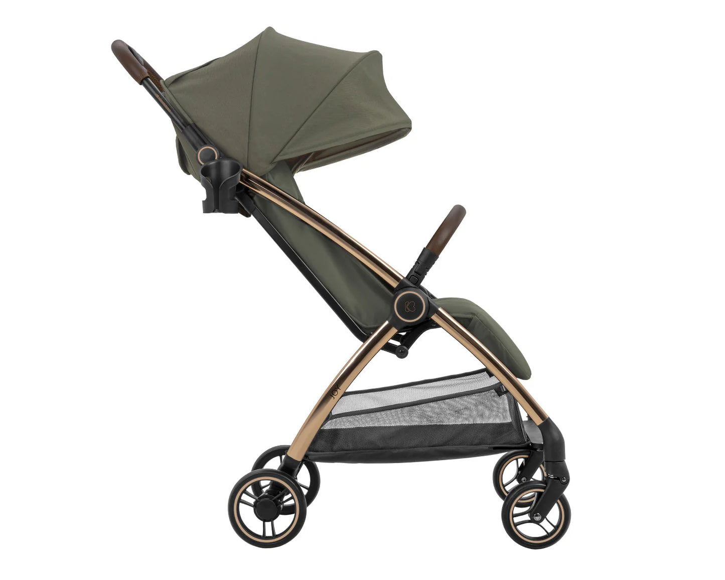 Olive green pushchair stroller with canopy, brown frame, and four-wheel base