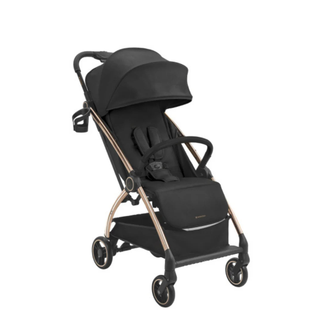 Dark grey pushchair stroller with canopy and padded seat, angled view