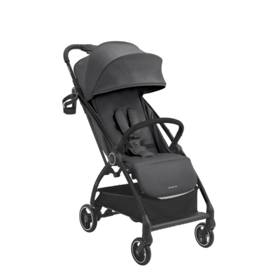 Dark grey pushchair stroller with canopy and armrests, side angled view