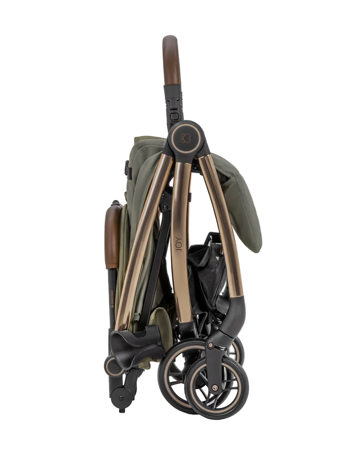 Folded pushchair stroller with olive seat and tan frame, compact wheel view
