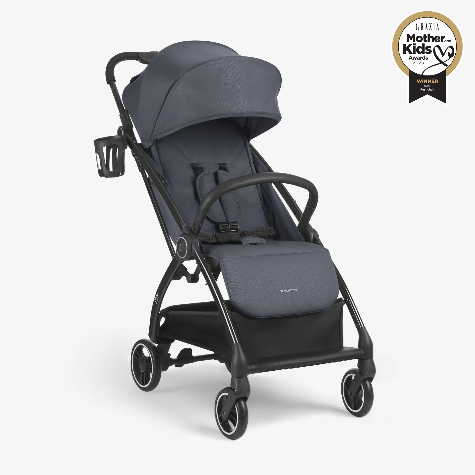 Dark grey pushchair stroller with canopy, padded seat, and four-wheel base