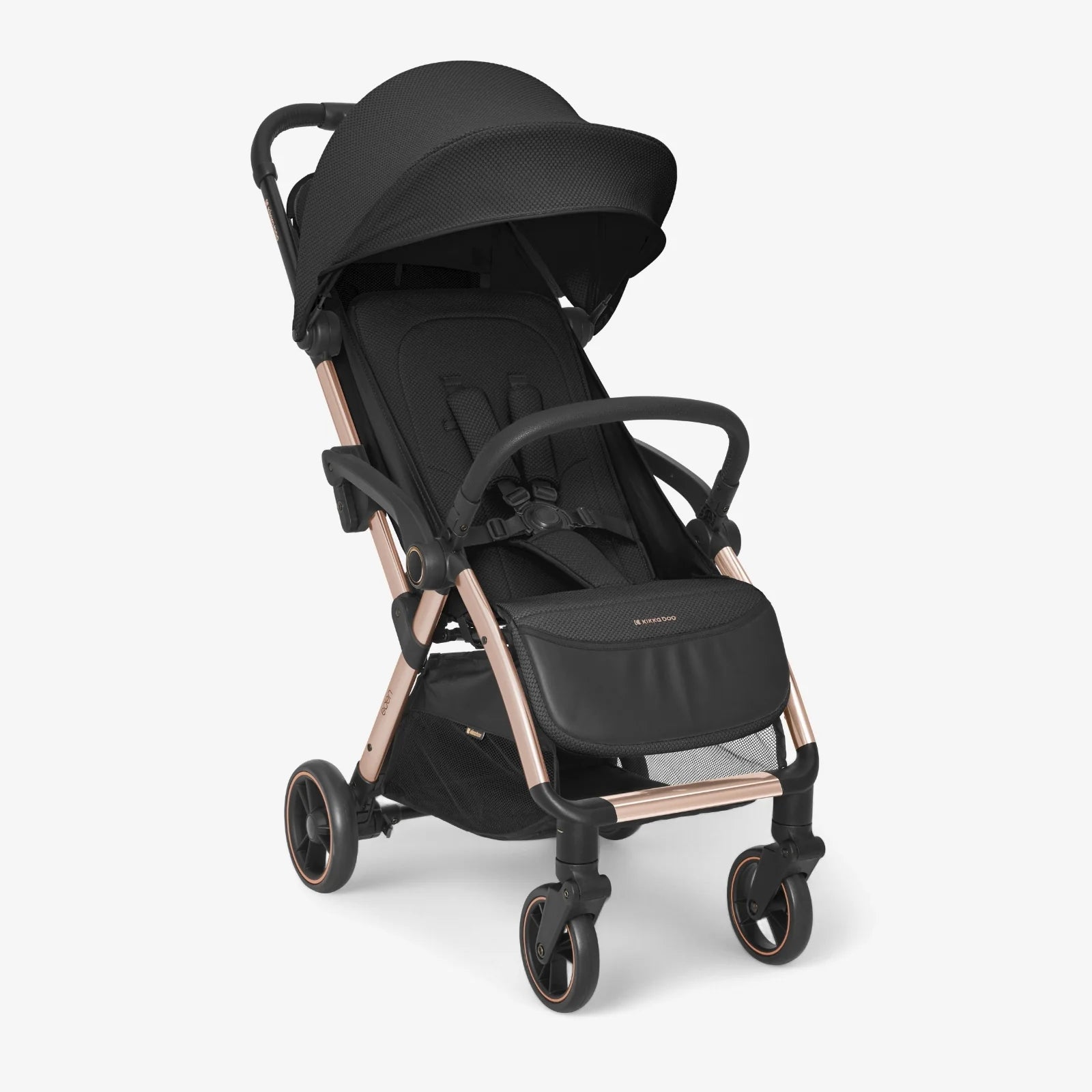 Black autofolding pushchair with canopy and front swivel wheels, reclining seat