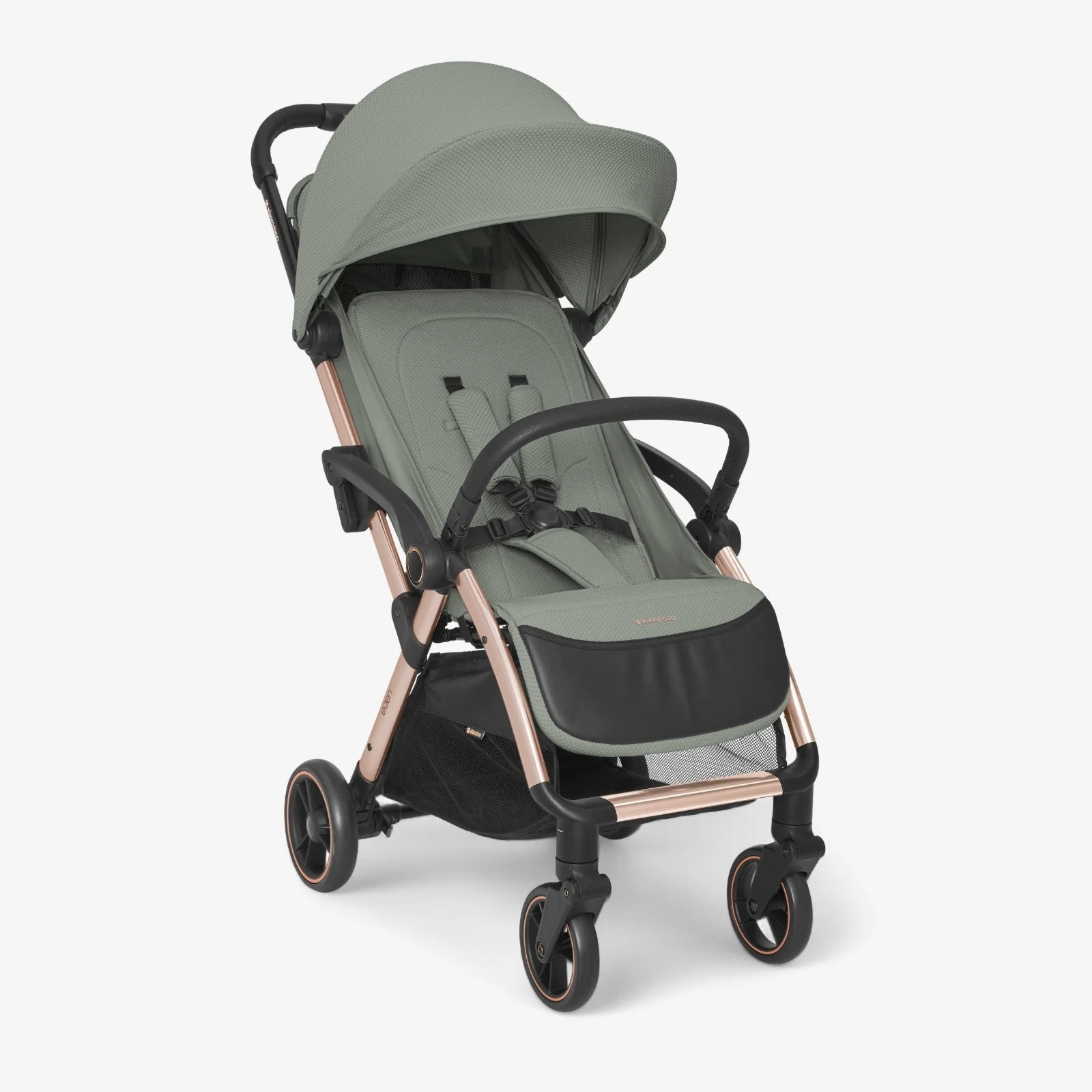 Army green baby pushchair with canopy, padded seat and black wheels on rose-gold frame