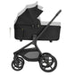 Black carrycot on stroller frame with large wheels and front mesh panel