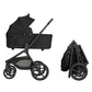 Black 2-in-1 stroller with carrycot, plus folded stroller side view
