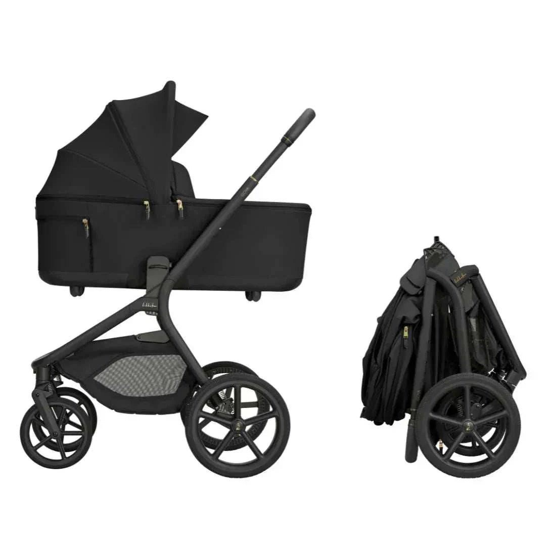 Black 2-in-1 stroller with carrycot, plus folded stroller side view