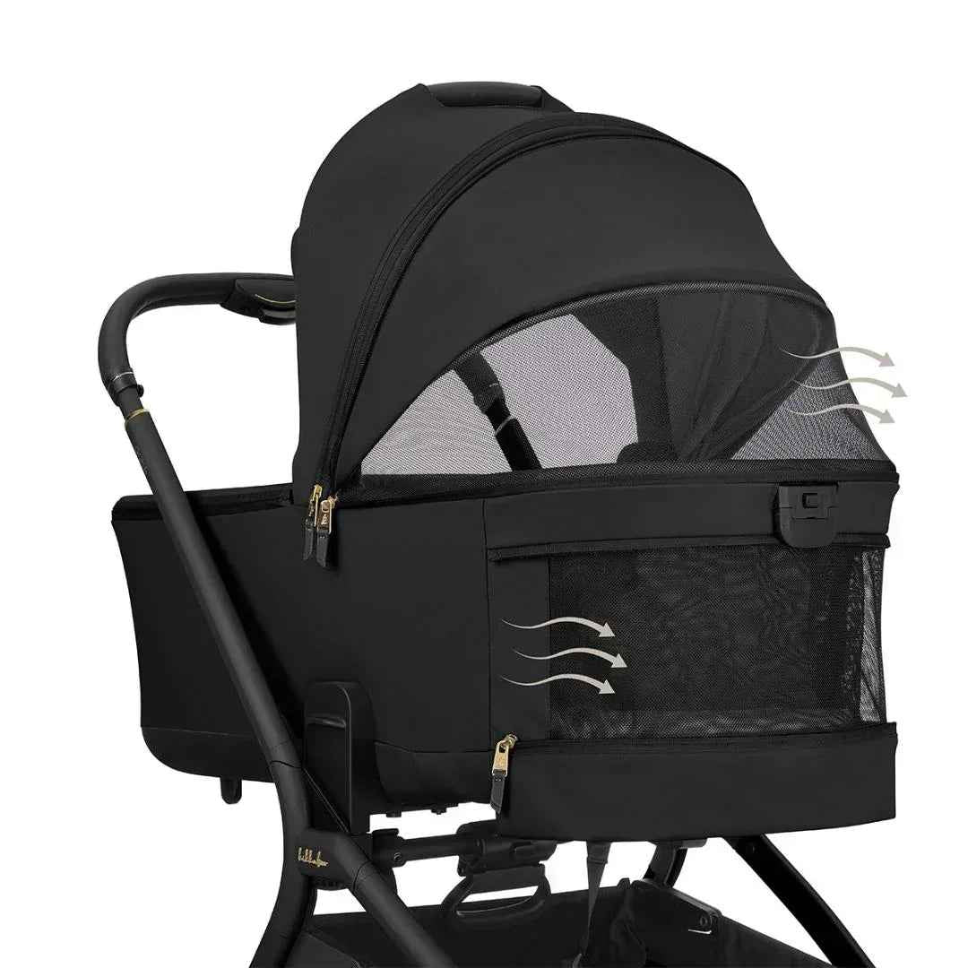 Black carrycot with mesh window, zipper trim and wavy logo on stroller