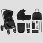 Black 2-in-1 stroller with carrycot, seat unit, bags and accessories shown flat