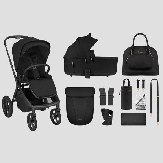 Black 2-in-1 stroller with carrycot, seat unit, bags and accessories shown flat