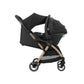 Car seat adaptor attached to stroller frame, black base with metal support bars