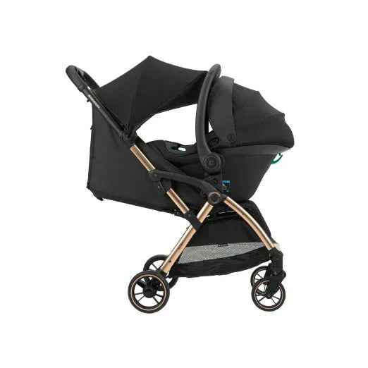 Car seat adaptor attached to stroller frame, black base with metal support bars