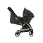 Car seat adaptor on stroller, black bracket mounts with metal support bars