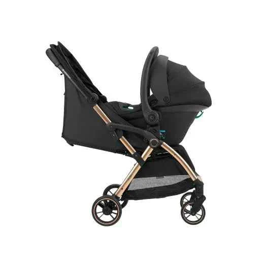Car seat adaptor on stroller, black bracket mounts with metal support bars