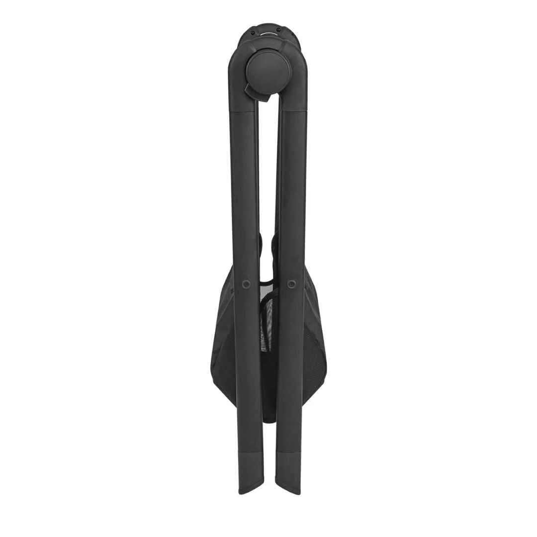 Dark fabric carrycot stand with upright handle and two folded support legs