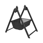 Dark fabric baby carrycot stand with A-frame legs and hanging carrycot basket