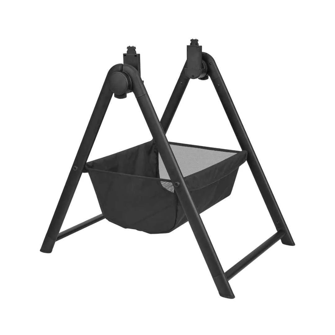 Dark fabric baby carrycot stand with A-frame legs and hanging carrycot basket