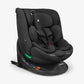 Black car seat, side view, with adjustable headrest and padded harness covers
