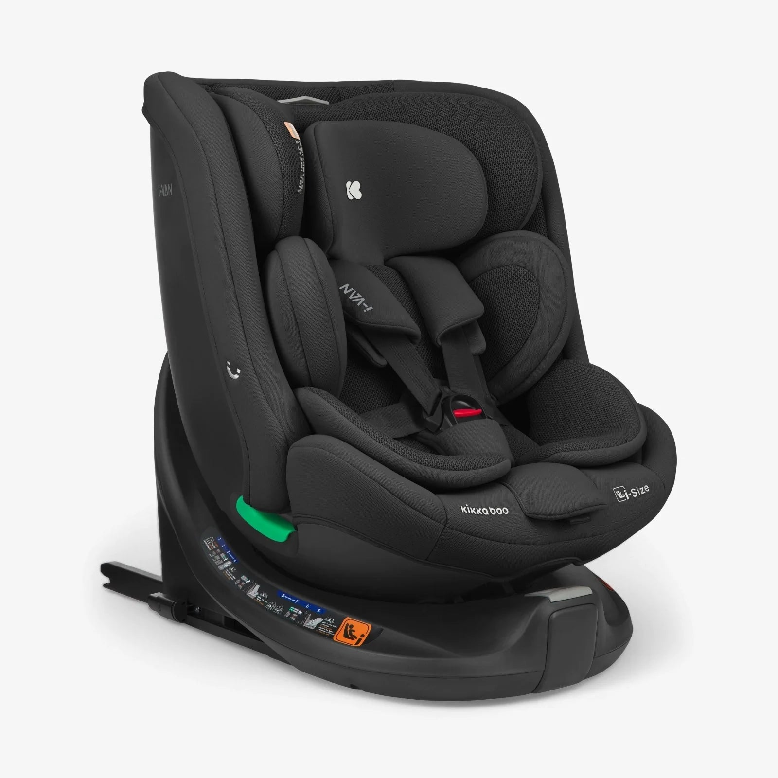 Black car seat, side view, with adjustable headrest and padded harness covers