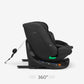 Black car seat with rotating base and extended side wings for head and neck support