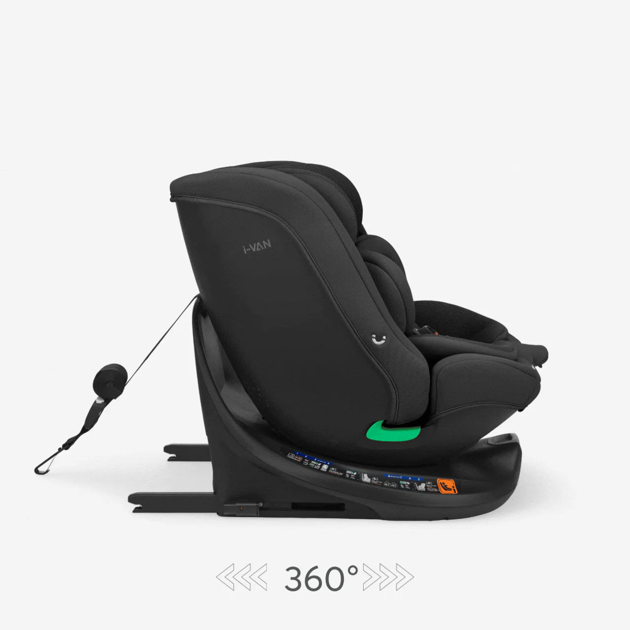 Black car seat with rotating base and extended side wings for head and neck support