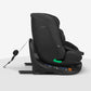 Black car seat with side-impact wings, green accent pad, and recline foot support