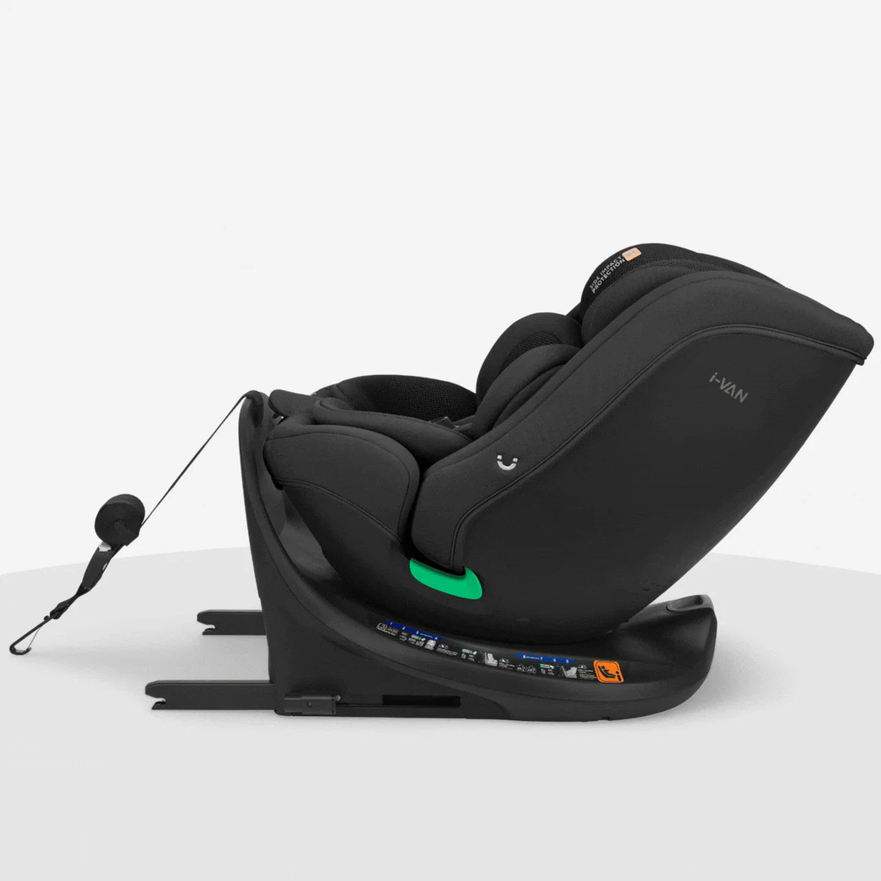 Black car seat in side profile with reclining position and padded five-point harness