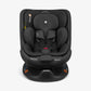 Black car seat with padded headrest, reclined seat, and five-point harness