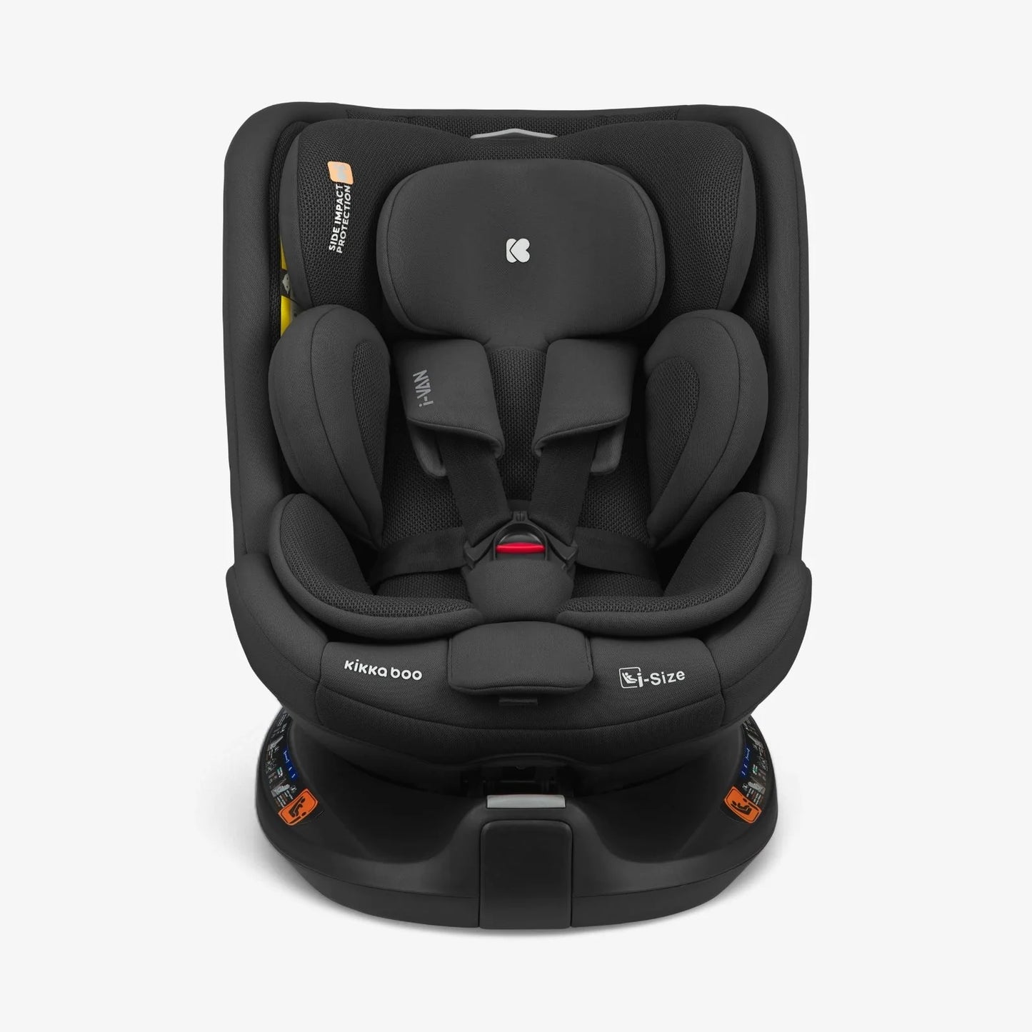 Black car seat with padded headrest, reclined seat, and five-point harness
