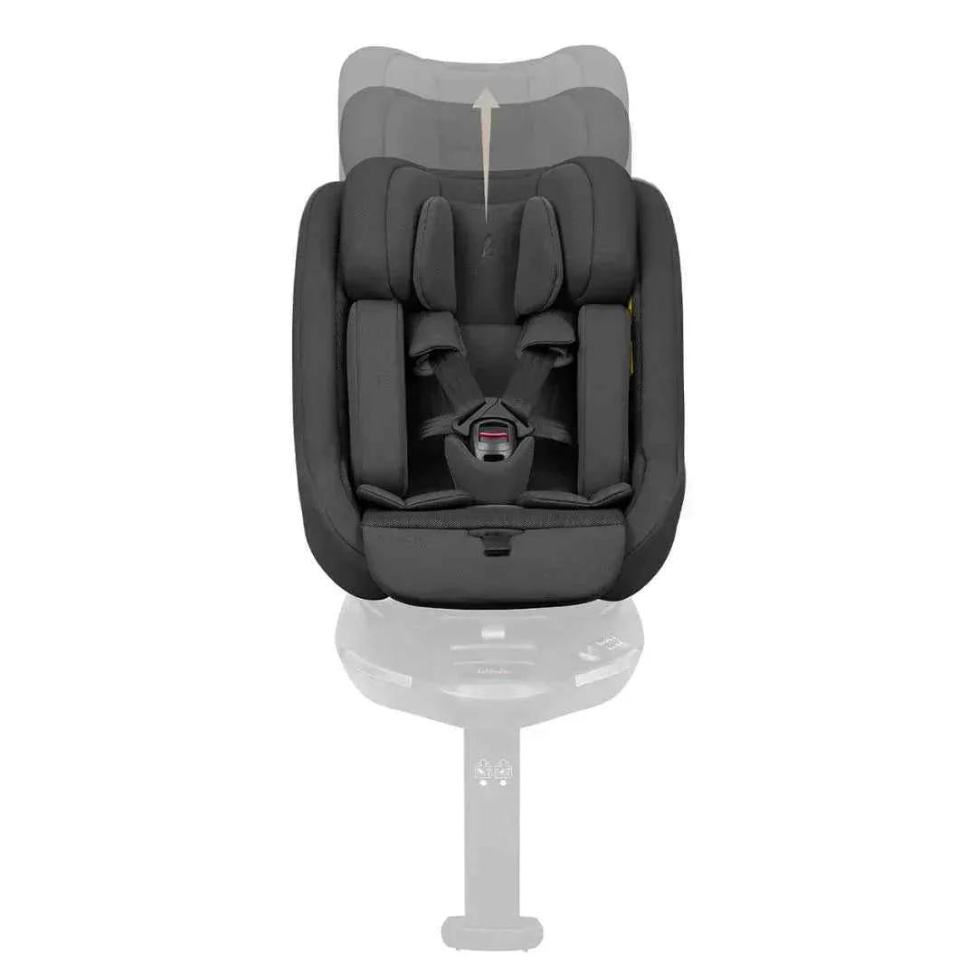 Dark gray i-Size car seat with five-point harness, top view