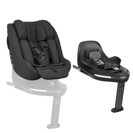 Dark gray i-Size car seat with five-point harness and padded headrest, side view
