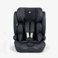 Dark grey car seat with adjustable headrest and torso support cushions