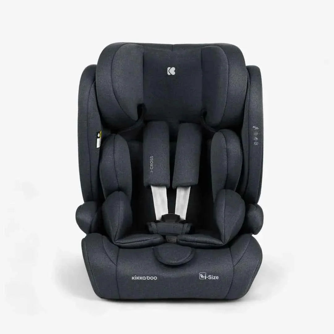 Dark grey car seat with adjustable headrest and torso support cushions
