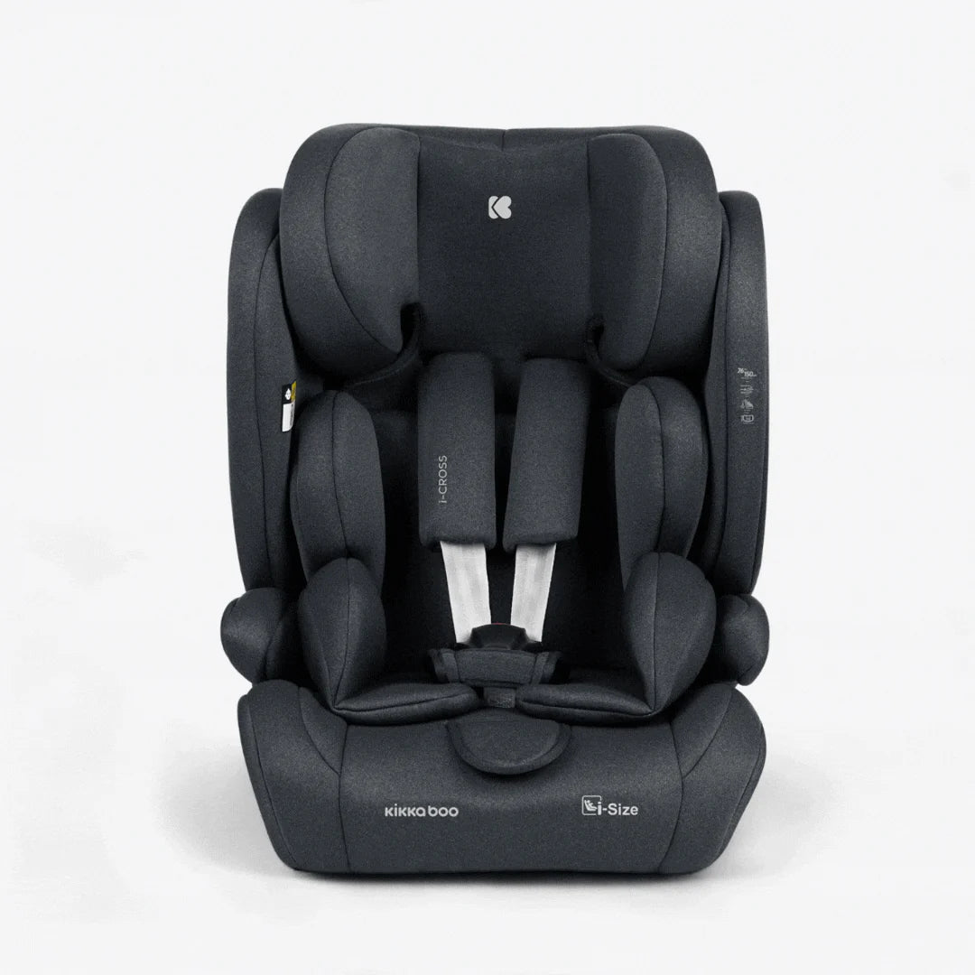 Dark grey i-Size car seat with headrest, harness cover, and side padding