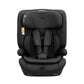 Black car seat with padded headrest and 5-point harness, front view