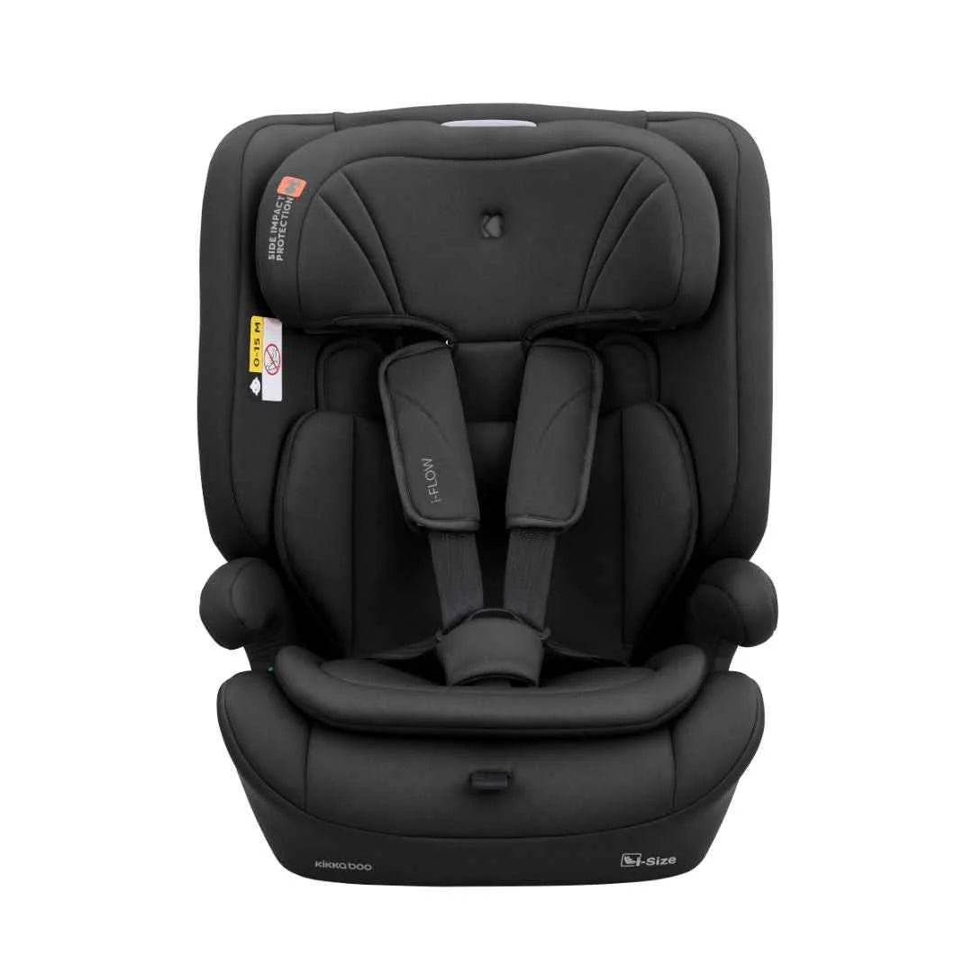Black car seat with padded headrest and 5-point harness, front view