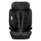 Black car seat with shoulder straps and padded belt guides, front view