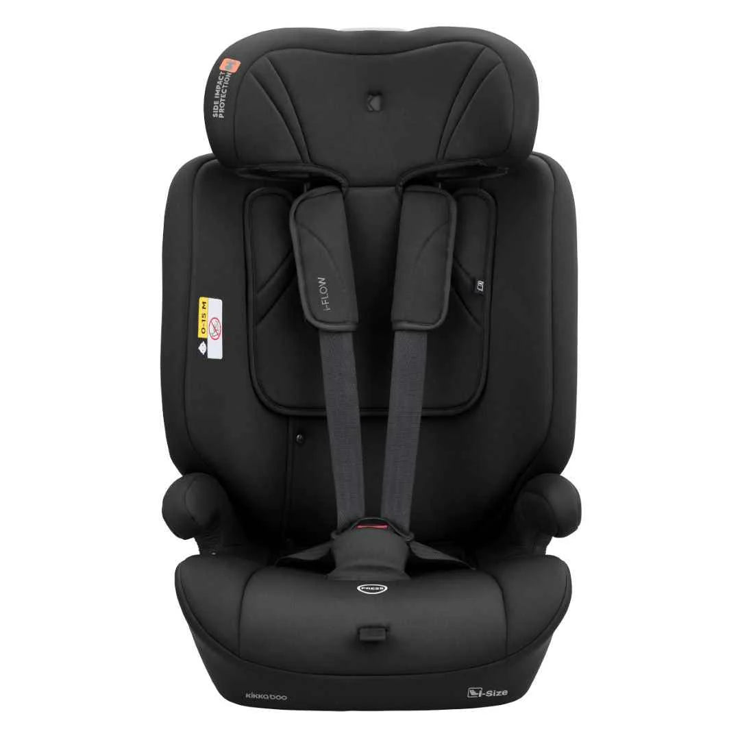 Black car seat with shoulder straps and padded belt guides, front view
