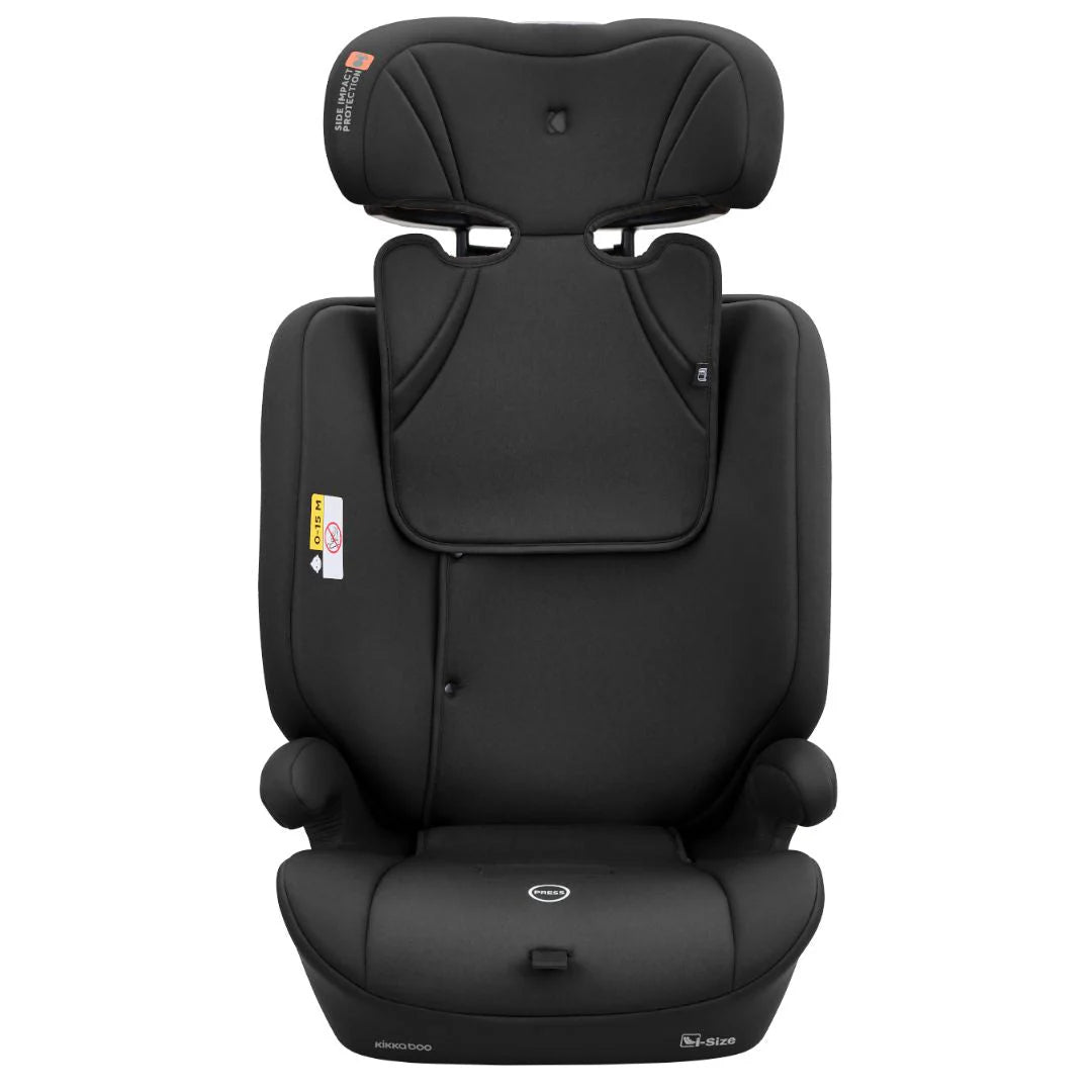 Black car seat with large headrest and padded seat insert, front view