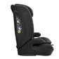 Black car seat with side impact padding and instruction label, side view