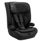 Black car seat with padded harness and headrest, side view
