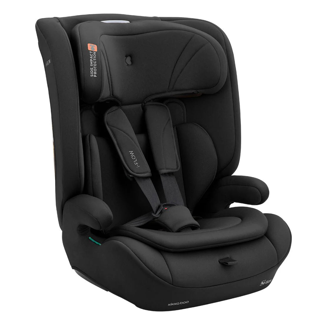 Black car seat with padded harness and headrest, side view