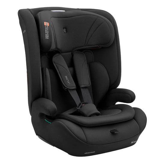 Black car seat with padded harness and headrest, side view