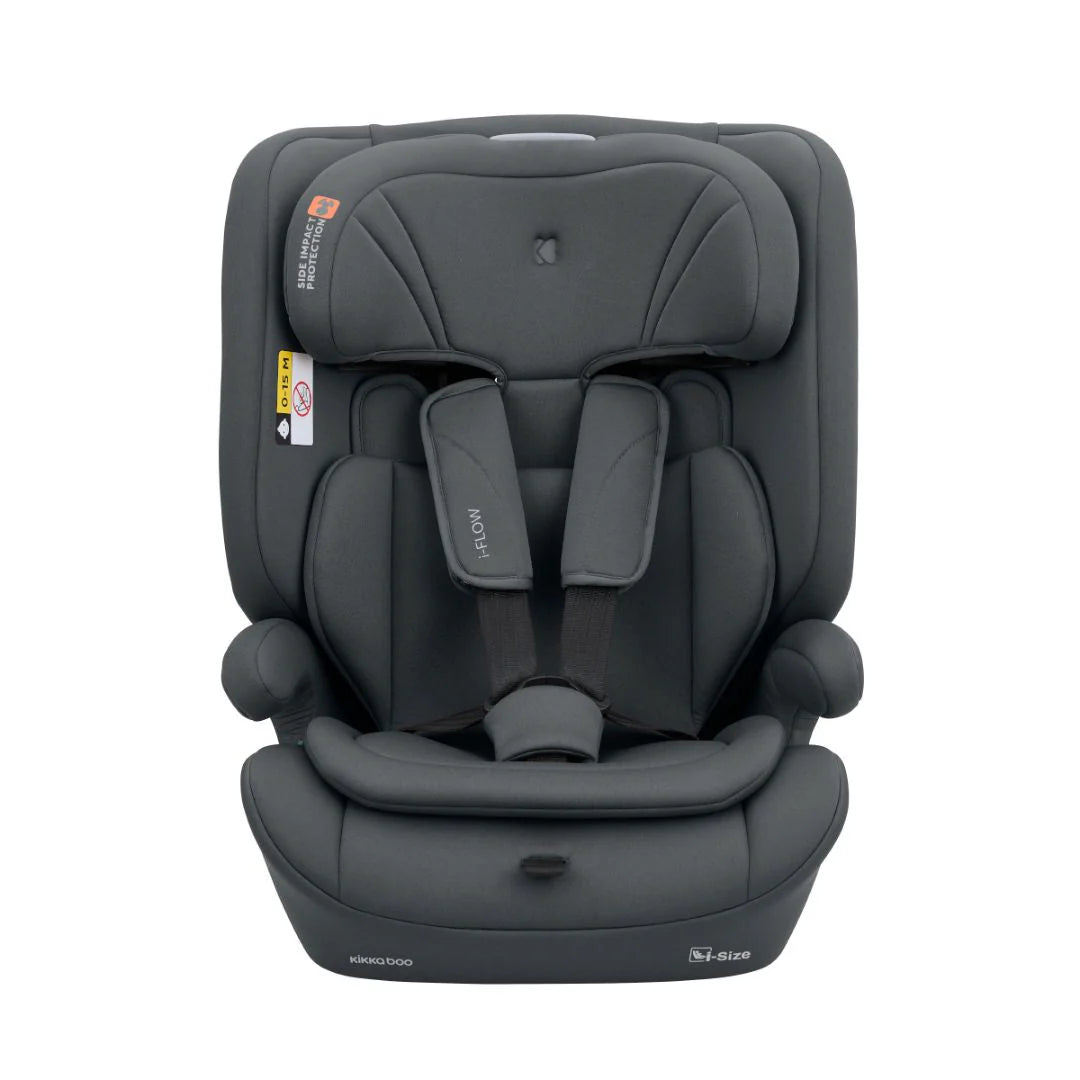 Grey i-Flow i-SIZE car seat front view with padded headrest and chest straps