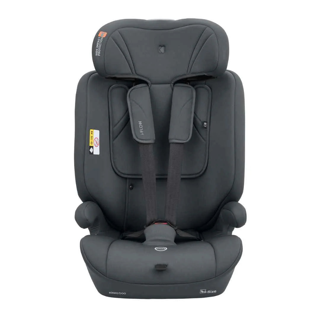 Grey i-Flow i-SIZE car seat back view with adjustable headrest and comfort padding