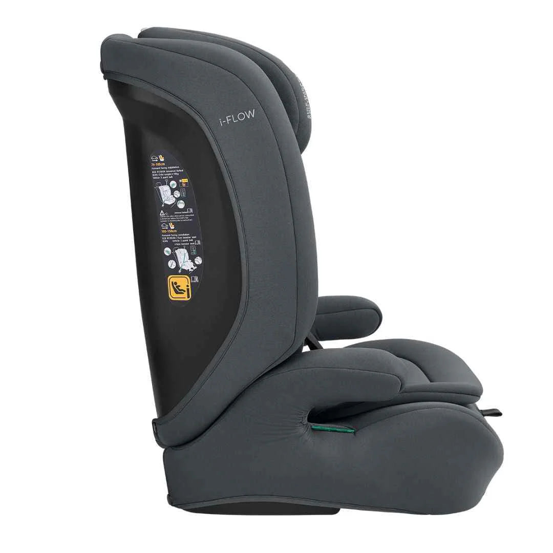 Grey i-Flow i-SIZE car seat side view with anti-rebound padding and headrest