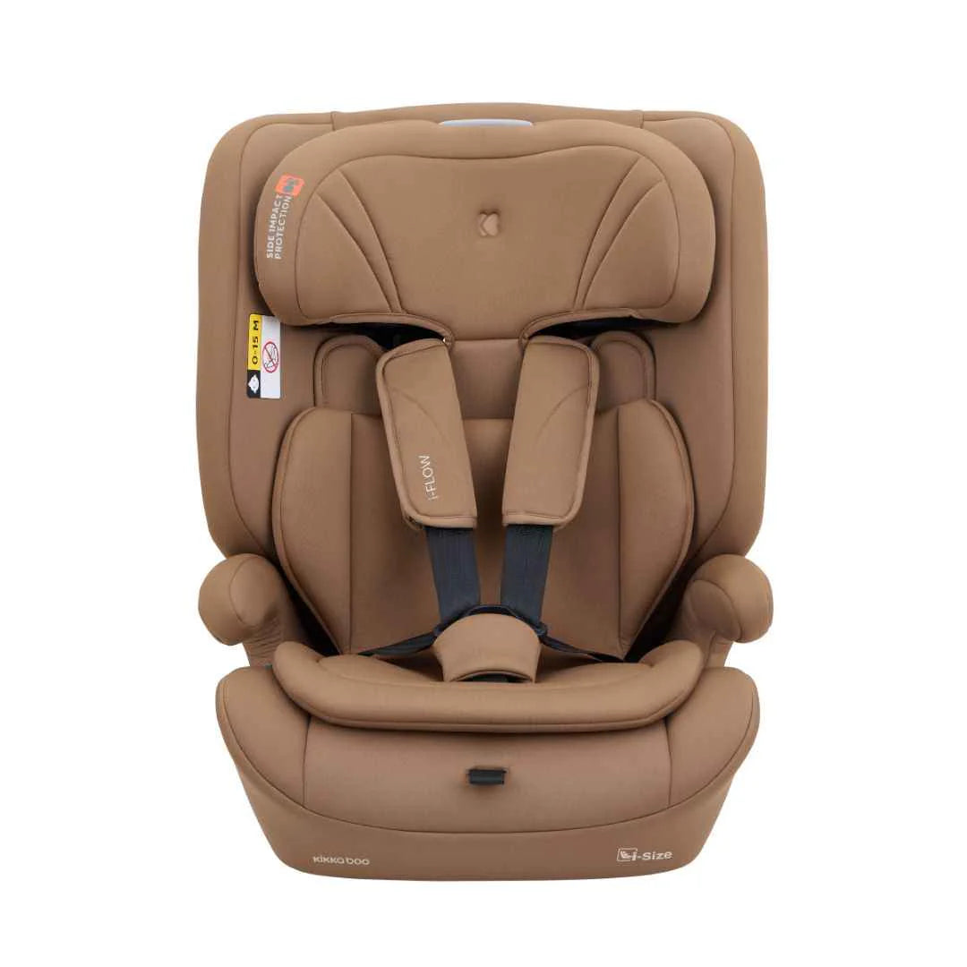 Mocha i-Size car seat front with padded harness straps and belt guides