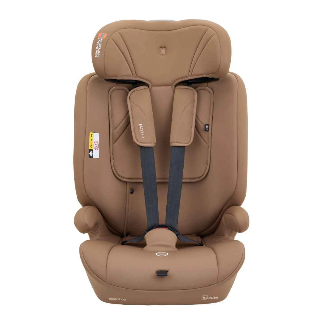 Mocha i-Size car seat front with adjustable headrest and centered harness straps